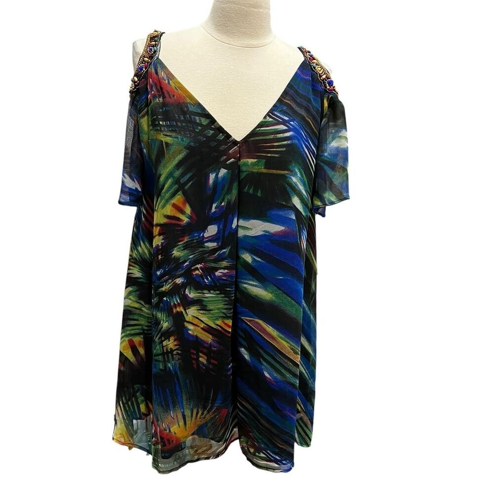 Monique Leshman Beaded Cold Shoulder Vibrant Tunic/Kaftan Dress /Cover-Up Medium